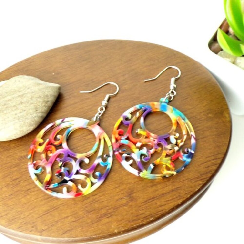 Multi color acrylic filigree disc earrings - so fun! - Picture 5 of 5